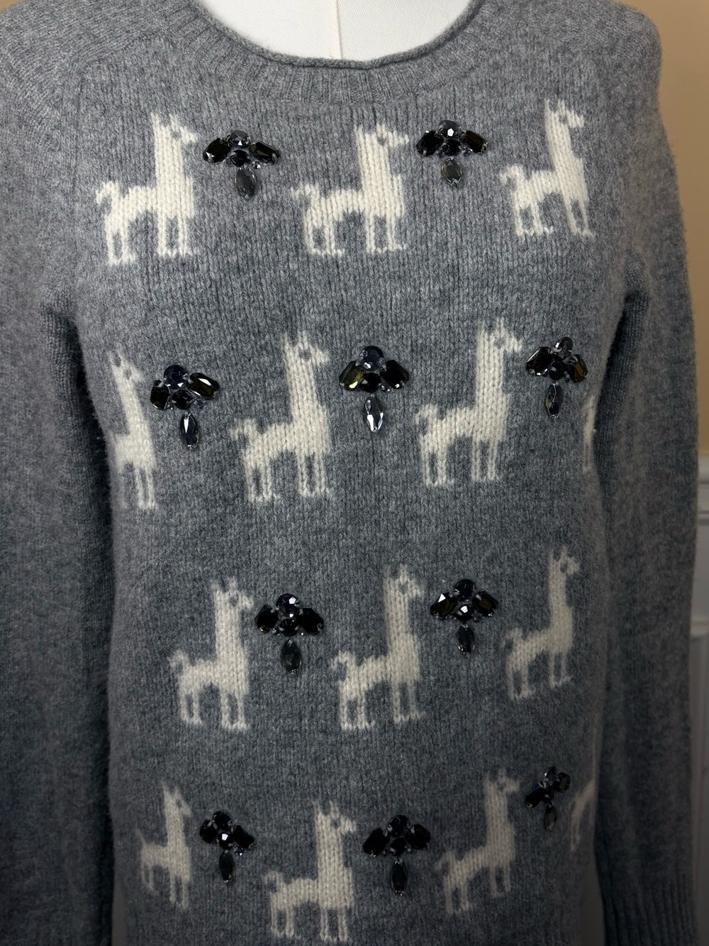 J. Crew Gray Crewneck Sweater with White Alpaca Motif and Black Bead Accents